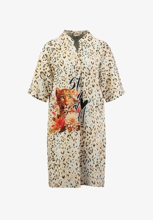 Leopardprint shirt met korte mouwen, featuring een bloemenontwerp en een tijgerafbeelding. Gemaakt van lichte stof, in beige en bruine tinten.