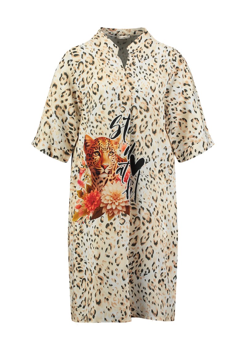 Camicia con stampa leopardata a maniche corte, con un design floreale e una grafica di tigre. Realizzata in tessuto leggero, nei toni beige e marrone.