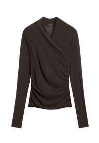 Dark brown long-sleeve wrap-style top with gathered side details and a soft draped neckline.