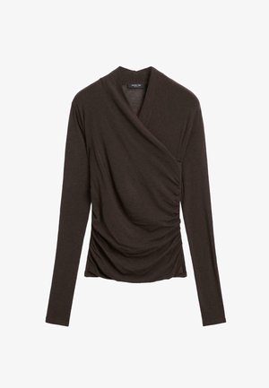 Dark brown long-sleeve wrap-style top with gathered side details and a soft draped neckline.