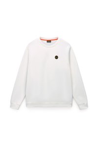 White sweatshirt with long sleeves, round neckline, and an orange accent inside the collar. Features a small logo on the chest. Soft material.