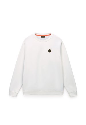Vit sweatshirt med långa ärmar, rund halsringning och en orange detalj på insidan av kragen. Har en liten logotyp på bröstet. Mjukt material.