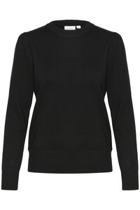 Maglione nero lavorato a maglia con maniche lunghe, scollo rotondo e polsini e orlo a coste. Presenta delicate maniche a sbuffo per una maggiore texture.