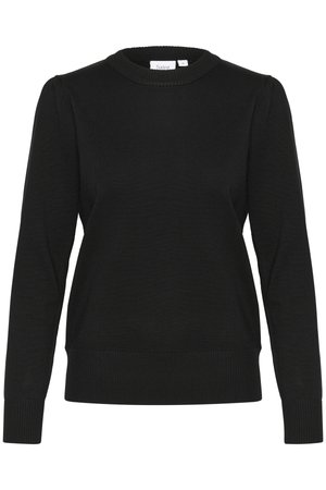 Melnā adīta džemperis ar garām piedurknēm, apaļu kakla izgriezumu un ribotām piedurknēm un apakšmalu. Iezīmējas ar smalkām pūkām piedurknēs, lai pievienotu tekstūru.