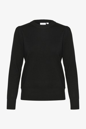 Melnā adīta džemperis ar garām piedurknēm, apaļu kakla izgriezumu un ribotām piedurknēm un apakšmalu. Iezīmējas ar smalkām pūkām piedurknēs, lai pievienotu tekstūru.