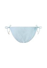 Šviesiai mėlynas bikini apatinis trikotažas su raukšlėta tekstūra, turintis šoninius raiščius su medinėmis karoliukais. Forma – klasikinis hipster stilius.