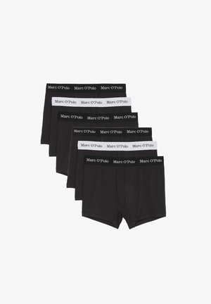 Mustasta puuvillasta valmistetut boxerit, myynnissä kuuden pakkauksessa, joissa on joustavat vyötärönauhat, joissa on valkoinen "Marc O'Polo" -logo. Sileä pinta, istuva muotoilu.