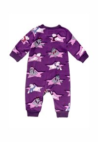 Un body de algodón morado con osos polares y morsas de dibujos animados vestidas de invierno, con estrellas rosas de acento en todo el diseño. Mangas largas.