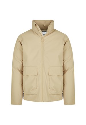 Beige leichte Jacke mit hohem Kragen, Frontreißverschluss und zwei großen Klappentaschen. Glatte Textur, l�ässiges Design, geeignet zum Schichten.