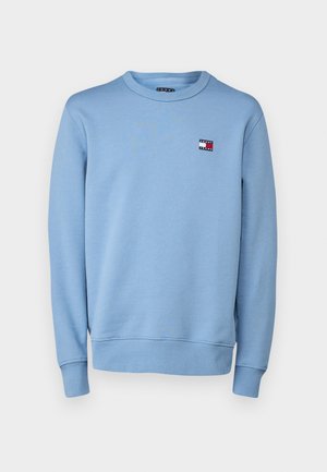 Sudadera azul claro con cuello redondo, mangas largas, puños de canalé y un pequeño parche de logo en el pecho. Tejido de mezcla de algodón.