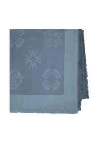 Coperta morbida tessuta in toni di blu tenui. Presenta motivi e trame intricate, con bordi frangiati. Leggera e realizzata in fibre naturali.