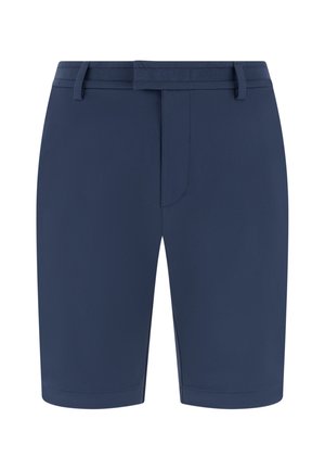 Pantalones cortos de hombre azul marino, a medida, con trabillas para cinturón y cierre frontal oculto, vista frontal sobre fondo blanco.