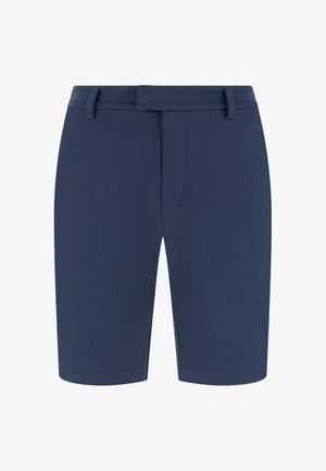 Pantaloncini da uomo sartoriali di colore blu navy con passanti per cintura e chiusura frontale nascosta, vista frontale su sfondo bianco.