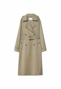 Beżowy trencz z podwójnymi guzikami, paskiem w talii, klapami typu notch i bocznymi kieszeniami. Gładka tekstura z dopasowanym krojem.