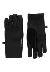 Een paar zwarte winterhandschoenen met grippads en het "PROTEST" logo op de achterkant van één handschoen, weergegeven met de handpalm en de achterkant.