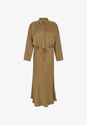 Braunes, langärmliges Kleid mit Kragen, durchgehender Knopfleiste und verstellbarem Taillenband, das einen fließenden Saum und eine glatte Textur aufweist.