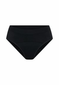 Schwarze hochgerückte Slips aus einem glatten, dehnbaren Stoff. Verfügt über ein nahtloses Design und einen breiten Bund für zusätzlichen Komfort. Keine sichtbaren Muster.
