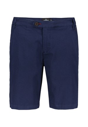 Marineblauwe op maat gemaakte shorts met knoopsluiting, zijzakken en doorgestikte zoom, geschikt voor casual of semi-formeel gebruik.