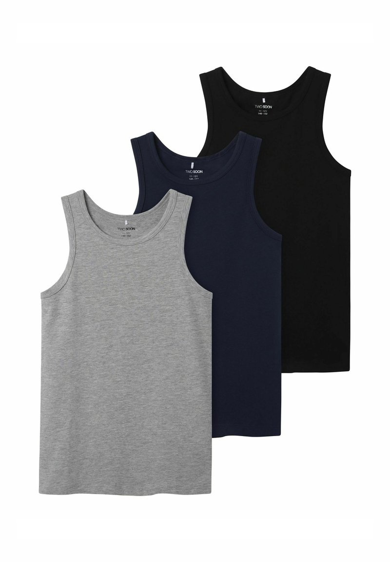 Trois débardeurs en gris, marine et noir. Fabriqués en coton doux, avec une texture lisse, un design sans manches et un col rond classique.