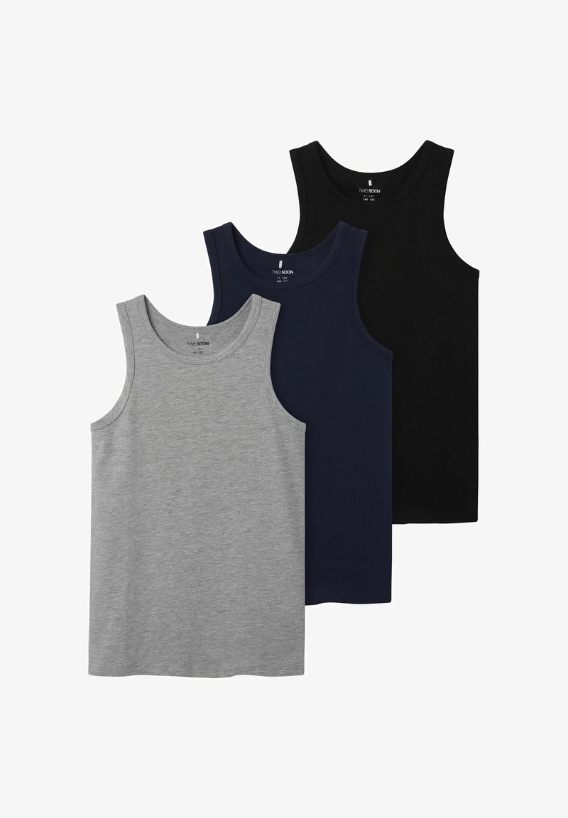 Trzy topy na ramiączkach w kolorze szarym, granatowym i czarnym. Wykonane z miękkiej bawełny, charakteryzujące się gładką fakturą, bezrękawowym fasonem i klasycznym okrągłym dekoltem.