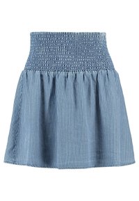 Jupe rayée bleue avec une taille smockée, un design évasé et un tissu léger. Présente des rayures verticales blanches et un ourlet froncé.