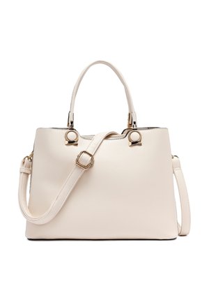 Kremowa, usztywniana torebka z dwoma górnymi uchwytami i regulowanym paskiem na ramię, ozdobiona złotymi klamrami i zapięciami.