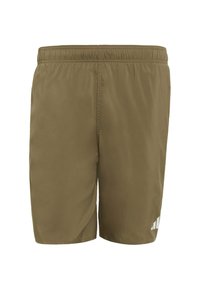 Olivově zelené šortky vyrobené z lehké tkaniny, s elastickým pasem a malým bílým logem v dolním pravém rohu. Hladká textura.