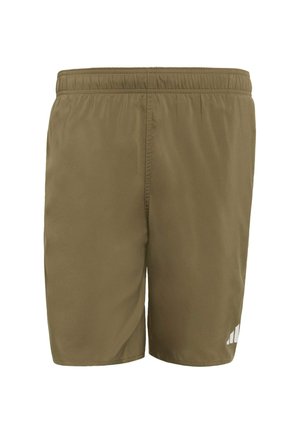 Olivové šortky vyrobené z ľahkého materiálu, s elastickým pásom a malým bielym logom na dolnej pravej strane. Hladká štruktúra.