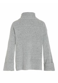 Grauer Strickpullover mit hohem Kragen und weiten Ärmeln, der eine weiche Textur und dezente Farbnuancen aufweist. Die Rückansicht zeigt einen lockeren Schnitt.