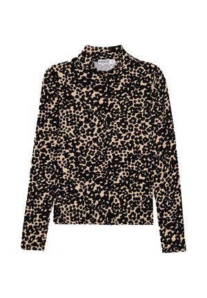 Blusa de manga larga con cuello alto hecha de una tela suave, con un estampado de leopardo negro sobre un fondo beige. Ajuste clásico con un diseño de cuello falso.