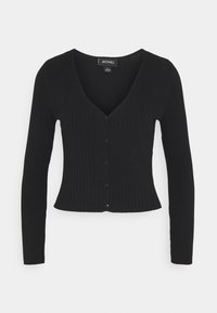Schwarze gerippte Strickjacke mit V-Ausschnitt, langen Ärmeln und sechs vorderen Knöpfen. Taillierte Passform und weiche Textur.