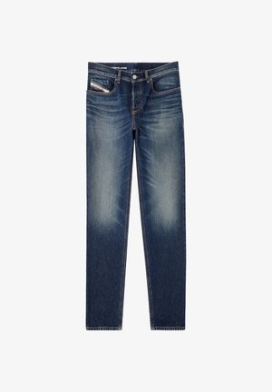 Jeans in denim blu scuro con una leggera sfumatura, design a cinque tasche, chiusura con un solo bottone e cuciture a contrasto lungo le cuciture.