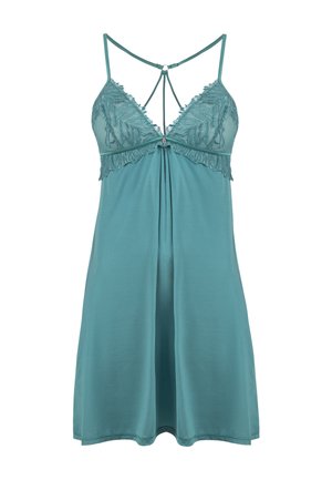 Türkizkék szatén hálóing csipkével szegélyezett merevítőkkel, állítható vállpántokkal, díszes elülső kapoccsal és redőzött középrésszel.