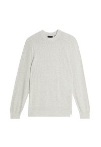 Lichtgrijze gebreide pullover trui met lange mouwen, ronde hals en geribde manchetten en zoom. Heeft een textuurdesign op het oppervlak.