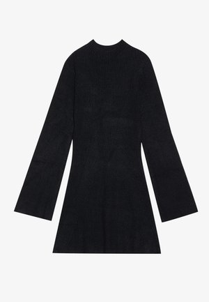 Vestido negro con canalé, cuello alto, mangas largas acampanadas y un corsé ajustado que se transforma en una falda ligeramente acampanada.
