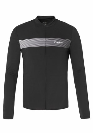 Schwarze Zip-Jacke mit langen Ärmeln, Rundhalsausschnitt und einem weißen gestreiften Einsatz auf der Brust, mit einem Logo auf der linken Seite.
