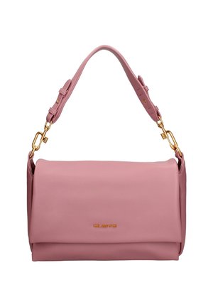 Borsa rettangolare in pelle rosa con tracolla regolabile e fibbie in metallo dorato, con piccolo logo del marchio dorato al centro sul davanti.