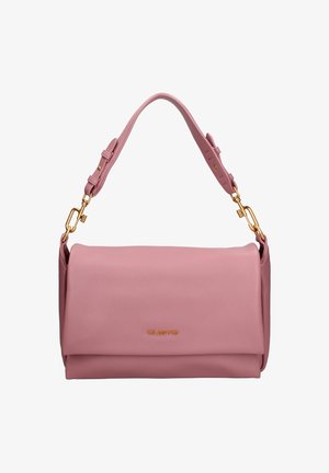 Borsa rettangolare in pelle rosa con tracolla regolabile e fibbie in metallo dorato, con piccolo logo del marchio dorato al centro sul davanti.
