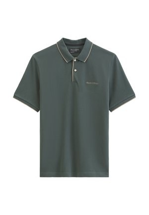 Dark green short-sleeve polo shirt with beige trim on collar and sleeves, two buttons, and "Marc O'Polo" logo on left chest.