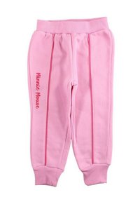 Pantalon de jogging rose avec poignets côtelés, doté de bandes latérales rose foncé et du texte « Minnie Mouse » sur la partie inférieure de la jambe gauche. Confectionné en tissu doux.