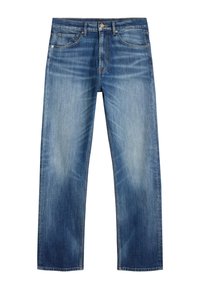 Jasnoniebieskie dżinsy z denimu o prostych nogawkach, z pięcioma kieszeniami, zapięciem na guzik oraz subtelnym blaknięciem na całej tkaninie.