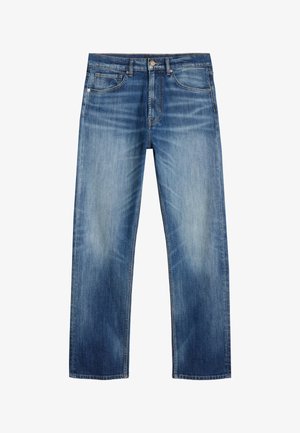 Lichtblauwe denim jeans met een rechte pijpontwerp, voorzien van een vijfzakkenmodel, een knoopsluiting en subtiele vervagingen in de stof.