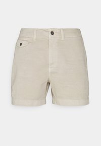 Béžové casual kraťasy s poutky na opasek, předním zapínáním na knoflík a zip a malou přední kapsou s knoflíkovým klopou.