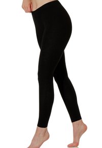 Leggings neri realizzati in un tessuto elastico, con una texture liscia e una vita elasticizzata. Il design è aderente e lungo fino alla caviglia.