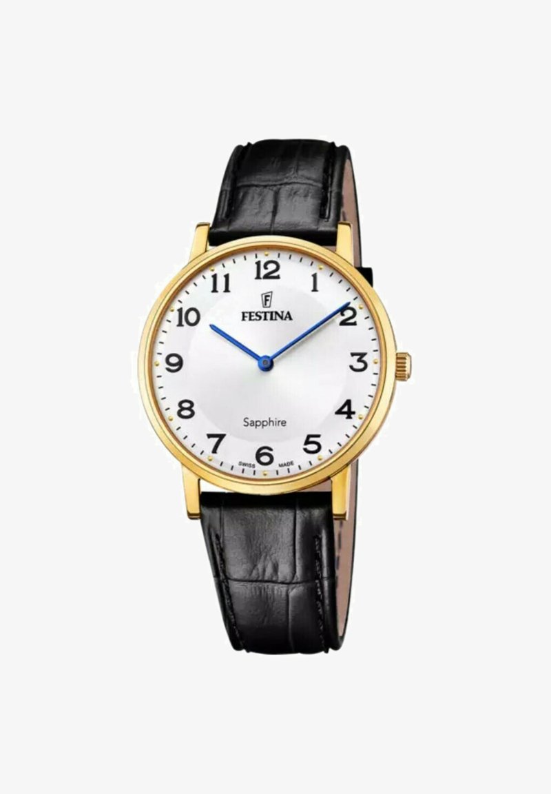 Orologio Festina con quadrante bianco, cinturino in oro, lancette blu e bracciale in pelle nera con texture a coccodrillo.