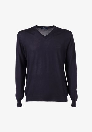 Maglione a maniche lunghe blu navy con scollo a V, realizzato in un tessuto liscio e leggero. Presenta polsini e orlo a coste. Design semplice, senza motivi.