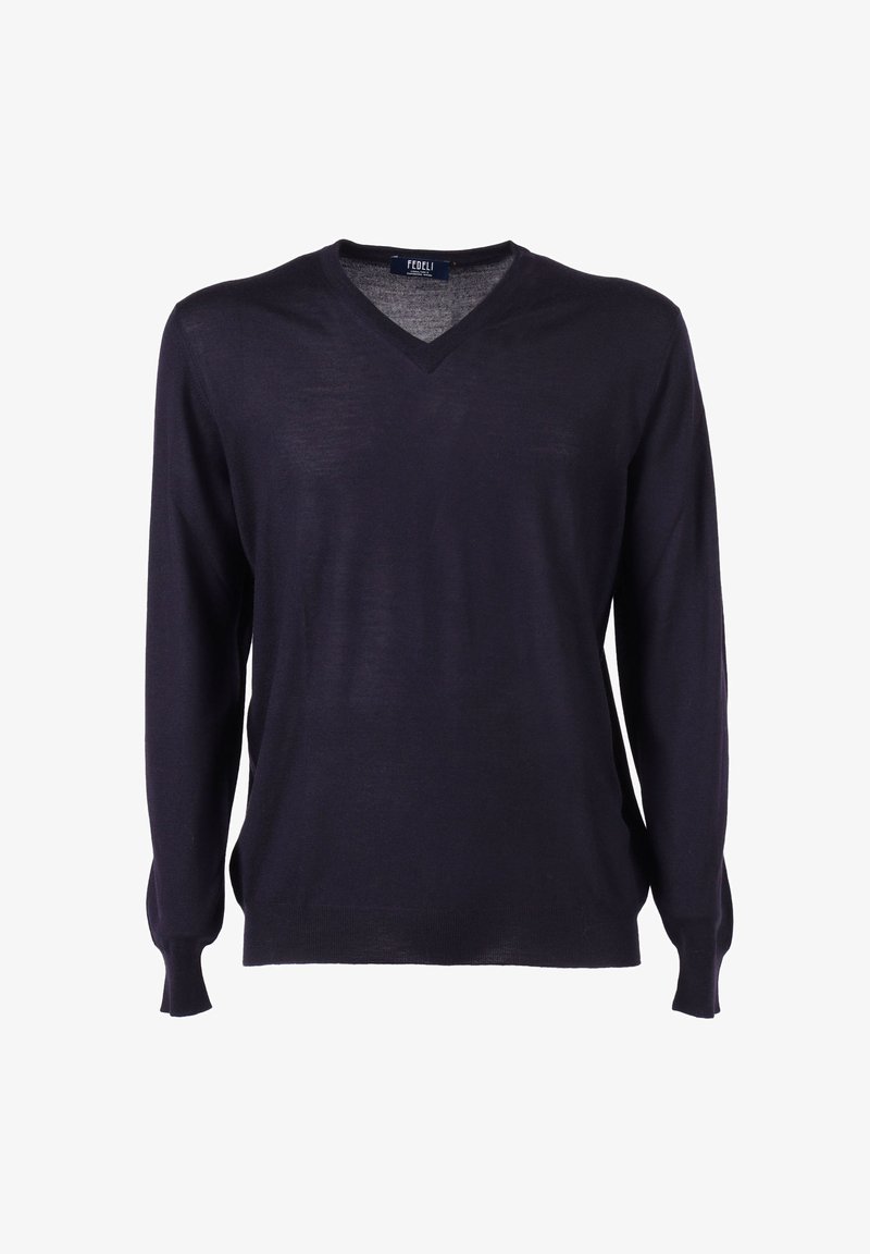 Maglione a maniche lunghe blu navy con scollo a V, realizzato in un tessuto liscio e leggero. Presenta polsini e orlo a coste. Design semplice, senza motivi.