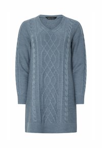 Helles, blaues Strickpullover mit V-Ausschnitt, der ein strukturiertes Zopfmuster und lange Ärmel aufweist. Weicher Stoff, lockere Passform.