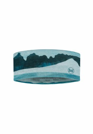 Light blue and teal headband with mountain range design and small "Buff" logo on one side.