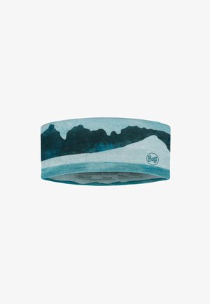 Light blue and teal headband with mountain range design and small "Buff" logo on one side.
